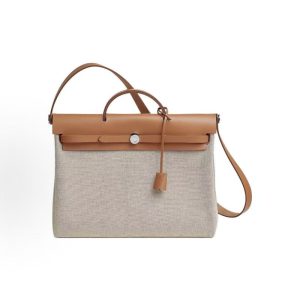 Hermes Herbag Messenger 39 Silver Buckle H Crossbody Shoulder Tote Women's Light Beige with Light Teal