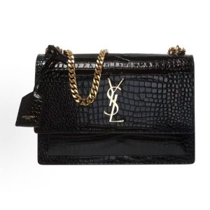 SAINT LAURENT YSL SUNSET Sunset Bag Aged Gold Label Logo Chain Crossbody Shoulder Bag Medium Women's Black