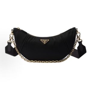PRADA Re-Nylon Demi-lune Metal Hardware Accessories Enamel Triangle Metal Logo Half Moon Bag Shoulder Bag Women's Black