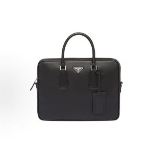 PRADA Saffiano Painted Enamel Metallic Triangle Logo Zipper Closure Tote Shoulder Crossbody Briefcase Men's Black