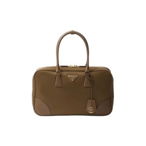 PRADA Re-Nylon Zip Closure Enamel Metallic Triangle Logo Tote Bag Large Women's Earth Color
