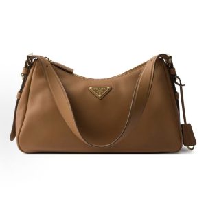 PRADA Aim??e Enamel Metallic Triangle Logo Zip Closure Tote Shoulder Bag Medium Women's Caramel Brown