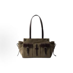 PRADA Route Multi-Function Pocket Design Embossed Logo Tote Bag Large Unisex Couple Army Green