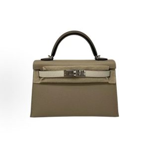 HERMES Mini Kelly II 19 Silver Buckle Kelly Bag Shoulder Crossbody Handbag 19 Women's Trench Coat Gray Cream White Elephant Gray