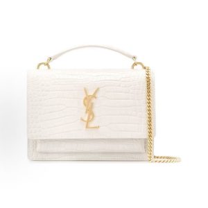 SAINT LAURENT YSL SUNSET Gold Label Logo Shiny Crocodile Embossed Magnetic Buckle Closure Sunset Bag Chain Bag Wallet Handheld Crossbody Shoulder Bag Regular Women's White