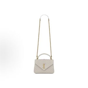 SAINT LAURENT YSL College Gold Logo Chain Quilted Leather Tote Shoulder Crossbody Bag Medium Women's Grey