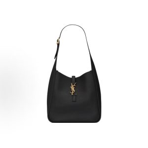 SAINT LAURENT YSL Le 5 A 7 Gold Logo Hook and Closure Soft Grain Hobo Shoulder Bag Small Black