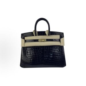 Hermes Birkin 25 Strapless Shiny V-Gold Buckle Platinum Bag Tote Bag Women's Black