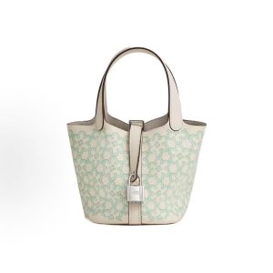 HERMES Picotin Lock 14 Silver Buckle Vegetable Basket Bucket Bag Tote 14 Women's Off-White Green