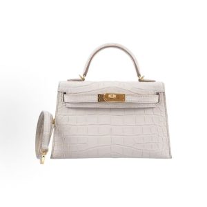 Hermes Mini Kelly II 19 Gold Buckle Kelly Bag One Shoulder Crossbody Handbag 19 Women's 8L Beton Glacier White