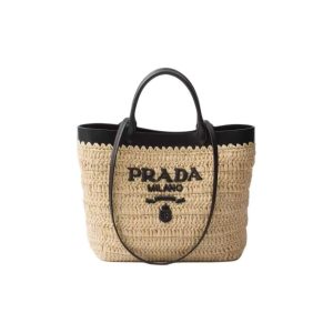 PRADA Letter logo embroidered weave One shoulder crossbody tote Small Women's Beige black