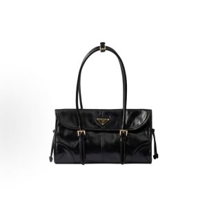 PRADA Brand Logo Magnetic Buckle Flap Closure Tote Shoulder Bag Medium Women's Black