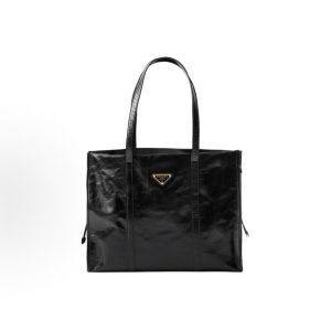 PRADA Enamel Metallic Triangle Logo Tote Bag Tote Bag Tote Bag Tote Large Women's Black