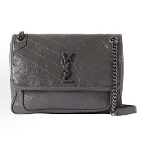 SAINT LAURENT YSL Niki Logo Logo Chain Vintage Pleats Wandering Bag Crossbody Shoulder Bag Medium Women's Grey