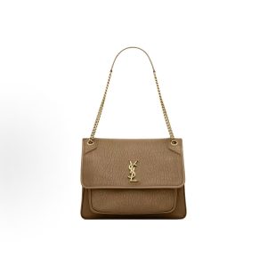 SAINT LAURENT YSL Niki Metal Brand Gold Logo Shoulder Bag Large Women's Brown