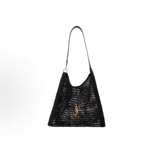 SAINT LAURENT YSL Oxalis Modern Distressed Straw Shoulder Bag Men's Black