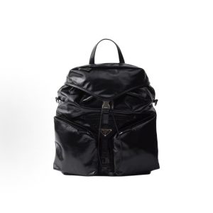 PRADA Enamel Metallic Triangle Logo Drawstring Flap Closure Backpack Men's Black