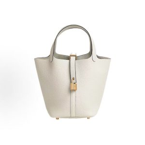 Hermes Picotin Lock 18 Gold Buckle Vegetable Basket Bucket Bag Tote Bag 18 Women's 10 Craie Milkshake White