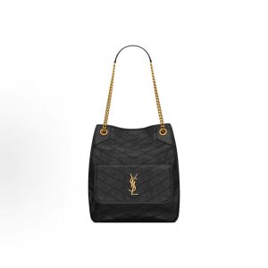 SAINT LAURENT NikiCASSANDRE Aged Herringbone Quilted Topstitch Snap Closure Shoulder Bag Small Women's Black