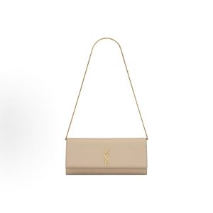 SAINT LAURENT YSL KATE GRAIN DE POUDRE Gold Metallic Chain Strap Shoulder Bag Women's Beige