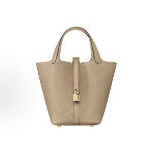 HERMES Picotin Lock 18 Gold Buckle Vegetable Basket Bucket Bag Tote 18 Women Beige