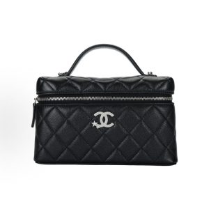 CHANEL 25B Stars Brand Logo Rhinestones Leather Chain Granular Silver Chain Handbag Black