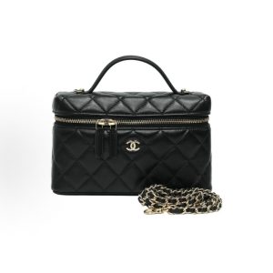 CHANEL 25C Gold Buckle Diamond Plaid Chain Brand Logo Zip Closure Crossbody Tote Bag Black