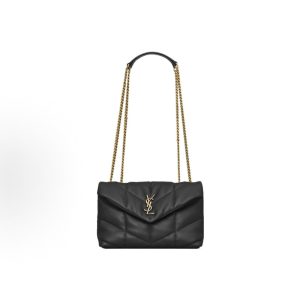 SAINT LAURENT YSL PUFFER Bronze Metal Hardware Double Leather Edge Chain Shoulder Strap Crossbody Shoulder Bag Black