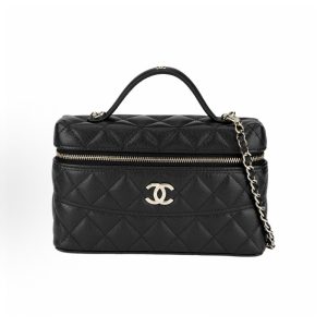 CHANEL 25C Gold Buckle Diamond Plaid Quilted Double C Lock Leather Chain Makeup Bag Granulated Cowhide Gold Hardware Crossbody Tote Bag Black