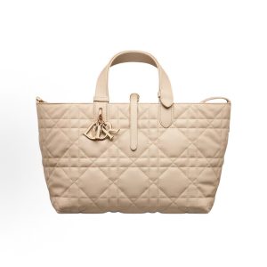 DIOR Toujours Pale Gold Finish Metallic Logo Charm Buckle Tote Medium Women's Pink Beige