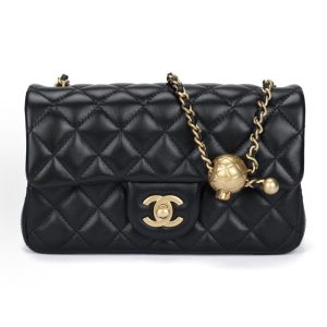 CHANEL Classic Flap CF 24K Small Gold Ball Classic Leather Strap Gold Buckle Shoulder Strap Adjustable Crossbody Shoulder Bag Black