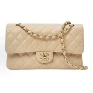 CHANEL Classic Flap CF Classic Chain Leather Chain Diamond Plaid Grained Calfskin Crossbody Shoulder Bag Medium Apricot