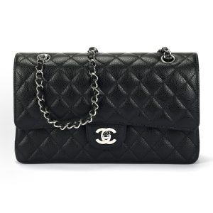 CHANEL Classic Flap CF Classic Silver Buckle Rhombic Leather Chain Chain Strap Granulated Embossed Cowhide Flap Bag Crossbody Shoulder Bag Medium Black