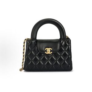 CHANEL 25A kelly Gold Buckle Double C Logo Diamond Check Quilted Sheepskin Gold Hardware Tote Bag Mini Black
