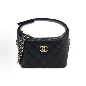 CHANEL 26C Gold Embossed Double C Logo Pineapple Buckle Granular Cowhide Gold Hardware Lunch Box Bag Crossbody Handbag Black