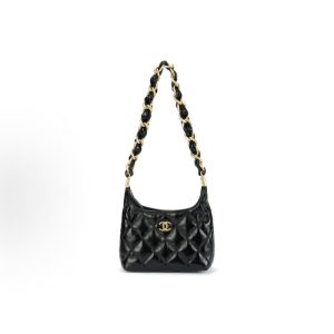 CHANEL 24A Gold Metal Leather Chain Rhombus Lambskin Wandering Bag Tote Shoulder Bag Small Black