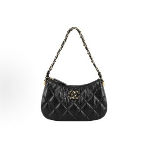 CHANEL 23K Double C Leather Chain Diamond Plaid Underarm Bag Hobo Bag Shoulder Bag Black