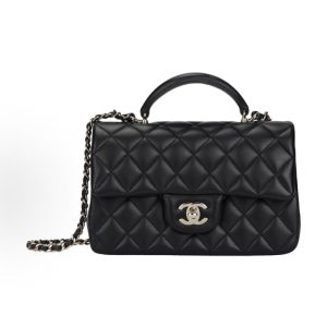 CHANEL Classic Flap CF Gold Label Double C Logo Diamond Quilted Leather Chain Flap Bag Crossbody Tote Mini Black