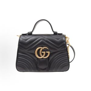 GUCCI GG Marmont Aged Gold Label Logo Chain Quilted Flap Bag Shoulder Crossbody Tote Bag Mini Women's Black