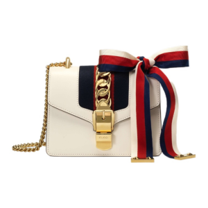 GUCCI Sylvie Gold Buckle Striped Webbing Grosgrain Bow Chain Versatile Recommended One Shoulder Crossbody Bag Mini Women's White