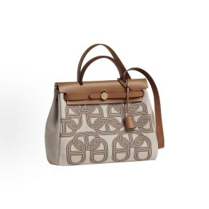 HERMES Herbag Zip 24 Gold Buckle One Shoulder Crossbody Tote 24 Unisex Couple Beige Brown