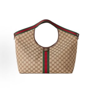 GUCCI Gucci GIGLIO Accesorios dorados claros Bolso de rayas cosidas Bolso de la compra Bolso de hombro Bolsa de hombro grande beige marr??n oscuro