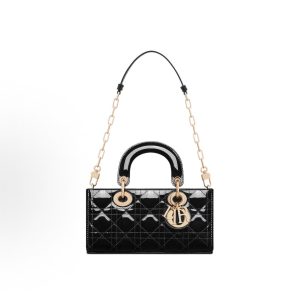 DIOR Lady D-Joy Light Gold Finish Pendant Cane-Plaid Detachable Adjustable Strap Davis Bag Tote Bag Small Women's Black