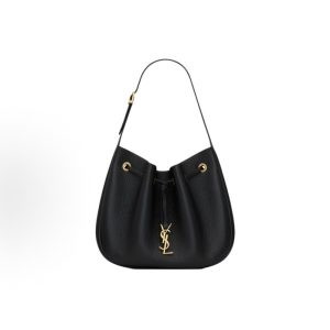 SAINT LAURENT Gold Logo Adjustable Shoulder Strap Grained Leather Shoulder Bag Tote Bag