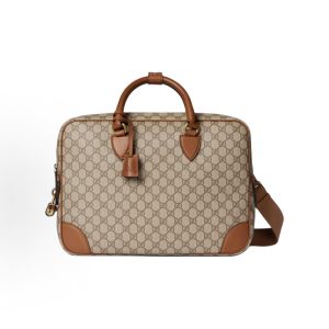 GUCCI GG Emblem brand logo zip closure One shoulder crossbody briefcase medium Men's beige with dark brown