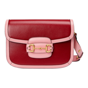 GUCCI 1955 Horsebit Vintage Gold Buckle Colour-Blocked Colour-Blocked Saddlebag Crossbody Shoulder Bag Small Women's Red with Pink