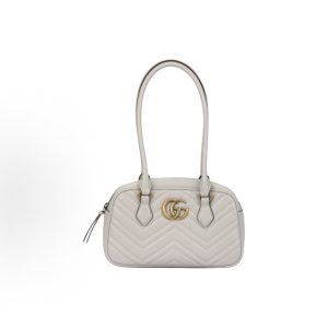 GUCCI GG Marmont Distressed Double G Logo Zip Closure Quilted Herringbone One Shoulder Tote Bag Women's Light Grey