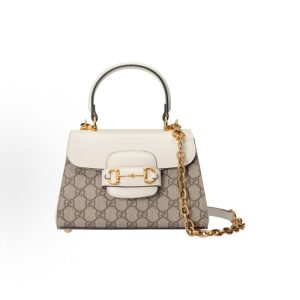 GUCCI Horsebit 1955 Shiny Gold Metal Decorative Chain One Shoulder Crossbody Tote Mini Women's White Ebony