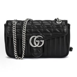 GUCCI Marmont Distressed Silver Label Logo Chain Vertical Bar Twill Quilted One Shoulder Crossbody Bag Small Women's Black
