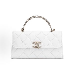 CHANEL 23P Diamond Plaid Leather Chain Chain Handle Granular Gold Hardware Flap Bag Shoulder Crossbody Tote Bag White
